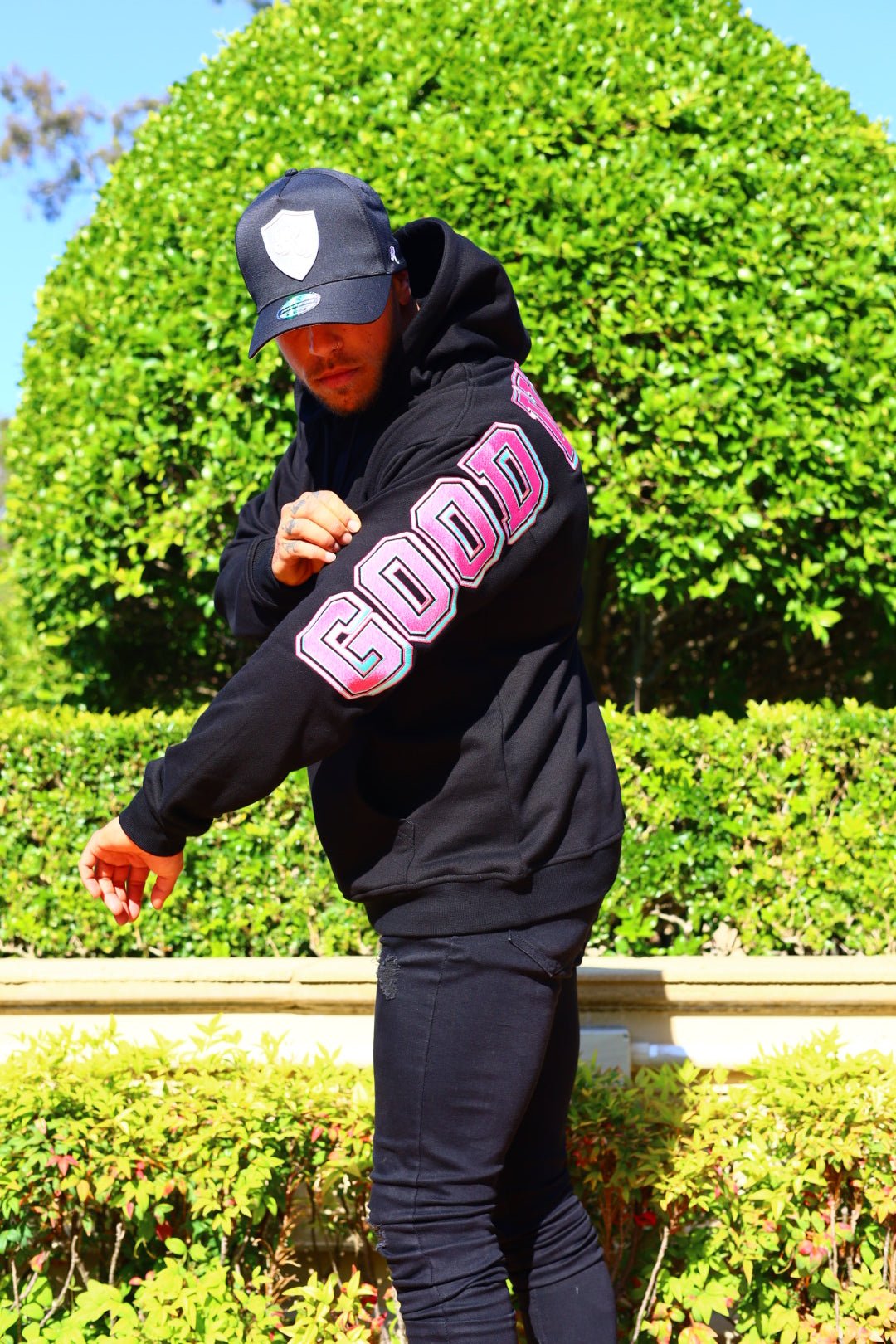 GOOD VIBES ONLY HOODIE BLACK/PINK/TEAL - Rich & Rare